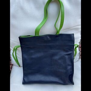 Talbots dark blue/green trim leather purse, excellent condition,zipper,side ties